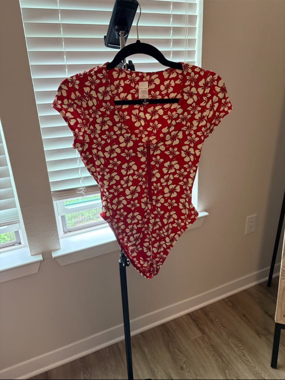 Red Floral Cap-Sleeve Women’s Top